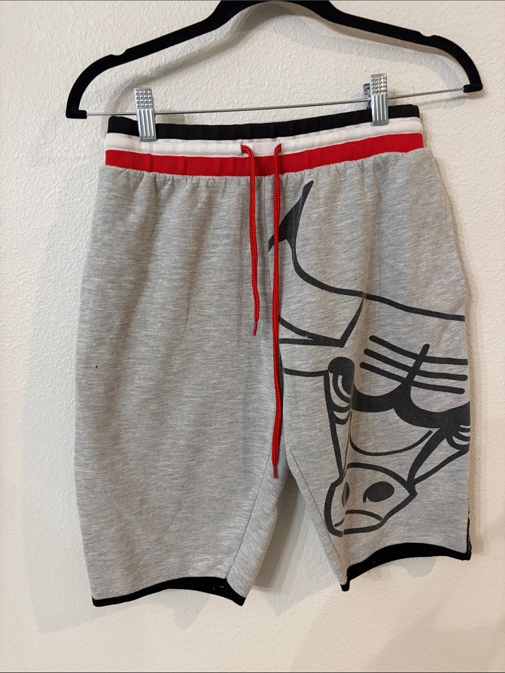 Chicago Bulls NBA Gray Long Shorts with Red Trim and Black Bull Graphic